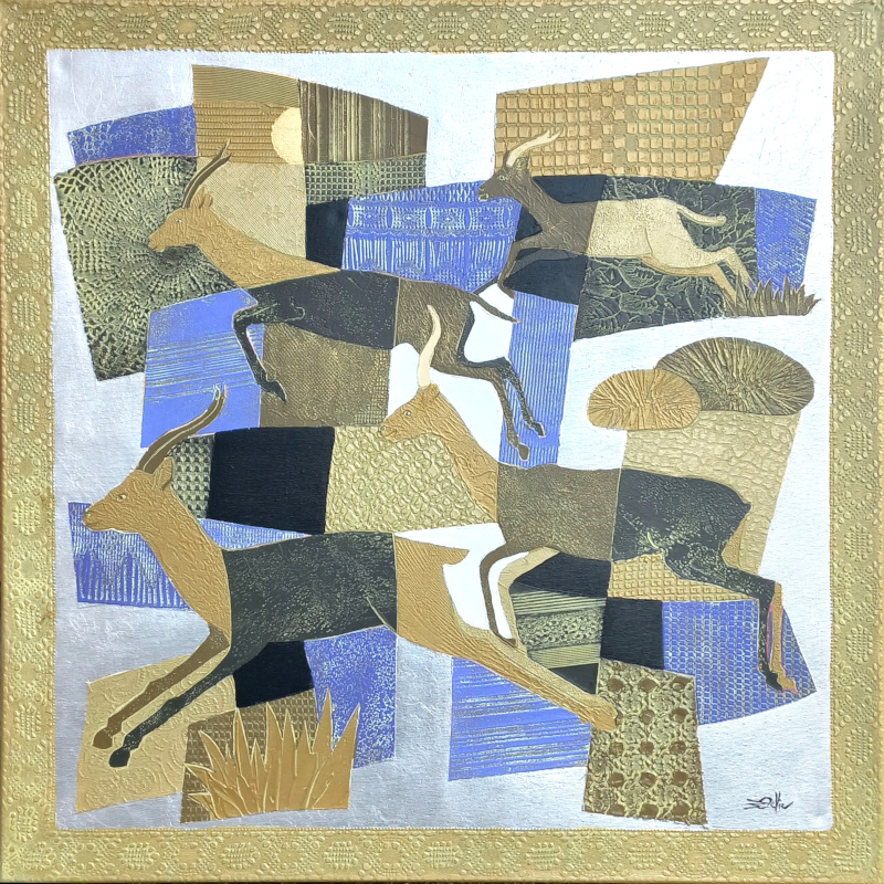 80x80cm GAZELLES. Doré et bleu